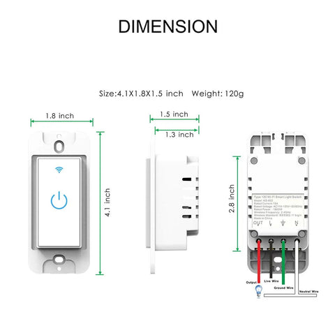 WiFi Light Switch 3 Gang With Touch Control Backlit Glass Panel dimensions and wiring details, 4.1 x 1.8 x 1.5 inches, 120g