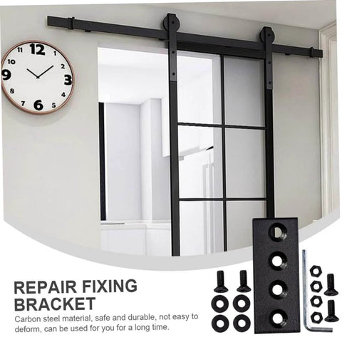 Metal Track Connection Plate Set for Barn Door Fixes Straight Brace Brackets and Fixing Plates visible on installed barn door rail
