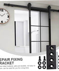 Heavy Duty Track Connecting Plate Set For Barn Doors Carbon Steel Bracket Connectors With Easy Install Flat Mending Plates For Sliding Door Hardware 4 Hole Brace Plates Built Tough For Long Lasting Barn Door Repairs shown in a barn door installation view.