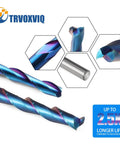 Extra Long Up Cut CNC Spiral Router Bits Set, One Quarter Inch Shank, Two Inch Cutting Length, blue carbide coating