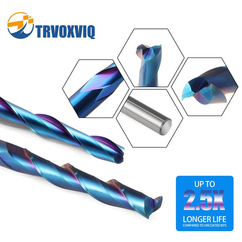 Extra Long Up Cut CNC Spiral Router Bits Set, One Quarter Inch Shank, Two Inch Cutting Length, blue carbide coating