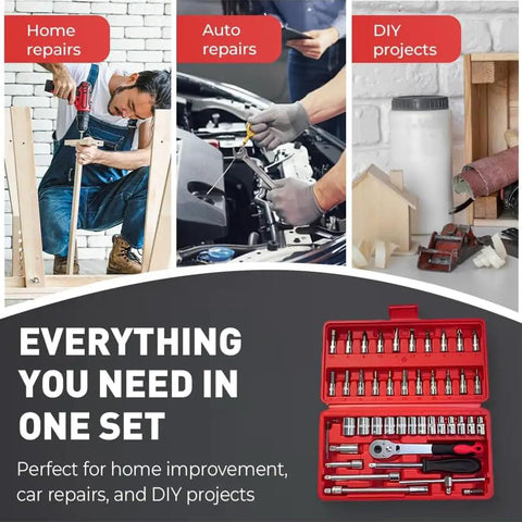 46 Piece One Quarter Inch Drive Socket Wrench Set With Pro Grade 72 Tooth Ratchet Chrome Vanadium Steel Tools for repairs