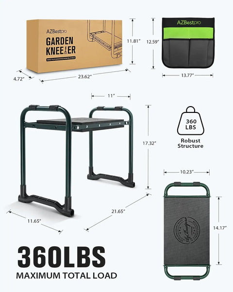 Heavy Duty Garden Kneeler And Seat For Pain Relief, box, tool bag, dimensions, 360 lbs load capacity
