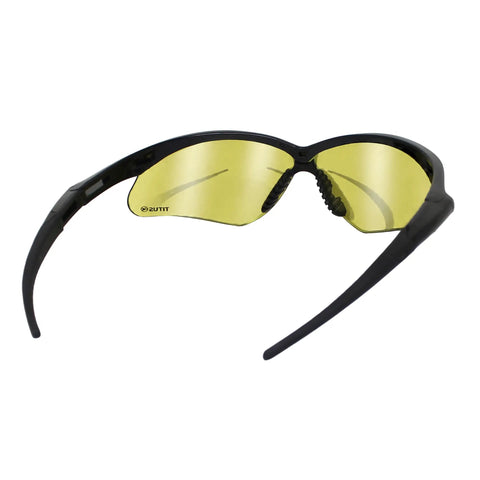 Premium Mirror Safety Glasses With Ansi Z87 Plus Rating And UV400 Lenses Built For Serious Shooters And Hunters Who Want Reliable Eye Gear That Truly Hits Different On The Range Or In The Field, black frame, yellow lenses, side view.