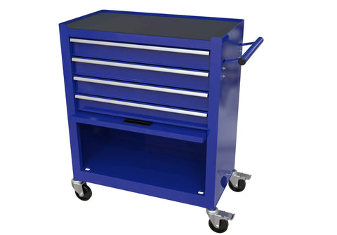 Rolling 4 Drawer Tool Chest With Locking Wheels 24.4 Inch Mobile Toolbox in blue metal with side handle and casters