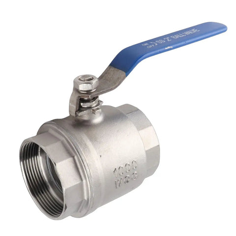 Badass 304 Stainless Steel Ball Valve Two Piece Full Port 2 Inch Female Thread for plumbing projects with blue handle.
