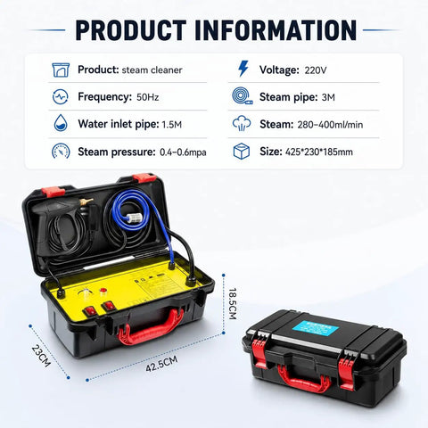 Piudoiliy 3200W High Pressure Commercial Steam Cleaner With 5 Bar Force And Auto Pump For Kitchen Bathroom Car Upholstery Deep Chemical Free Hot Steam Mop For Stubborn Grease And Grime Removal Effortless Tankless Cleaning product information with specifications in a black storage case.