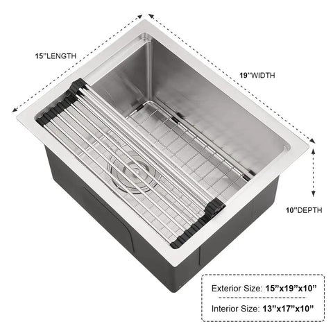 Undermount Bar Sink Workstation 15x19 Inch With Wood Cutting Board 16 Gauge Stainless Steel Single Bowl Deep Wet Bar Sink For RVs And Outdoor Kitchens And Bottom Grid, showing dimensions and roll-up drying rack.