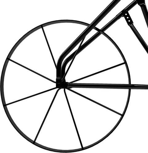 Close-up of 24 inch steel wheel on High Wheel Cultivator With Comfort Handle Three Position Adjustable Depth Quick Change Implements All Steel