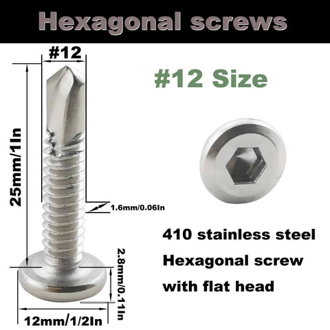 Image of Heavy Duty No 12 Hex Socket Self Tapping Screws 1 Inch 410 Stainless Steel Self Drilling Sheet Metal Fasteners Flat Head
