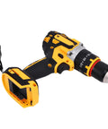 Heavy Duty Brushless Cordless Drill Packing Hella Strong 100Nm Max Torque And Blasting 2000Rpm Speed with black and yellow design.