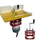Heavy Duty Router Lift With No Sweat Measuring Gauge And Rock Solid Aluminum Router Table Insert Plate For Quick 65mm Motor Mount And Smooth Woodworking Trim Tasks Gold Finish with red motor mount.