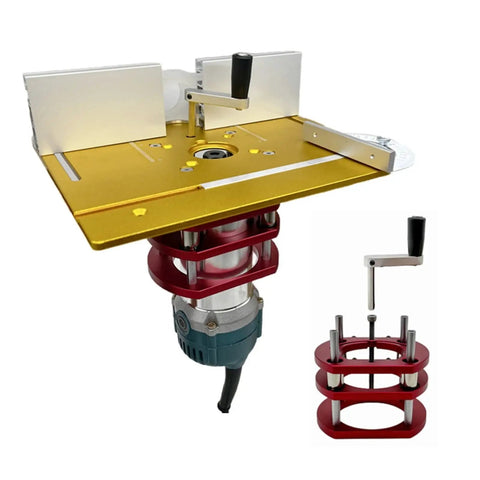 Heavy Duty Router Lift With No Sweat Measuring Gauge And Rock Solid Aluminum Router Table Insert Plate For Quick 65mm Motor Mount And Smooth Woodworking Trim Tasks Gold Finish with red motor mount.