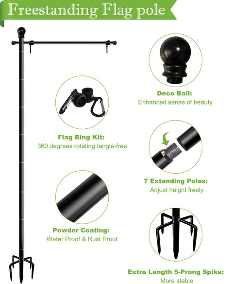 10Ft Garden Flag Pole Stand With 5 Prong Base For 3x5 American Flags, Adjustable Heavy Duty Outdoor Flagpole Holder Kit components displayed.