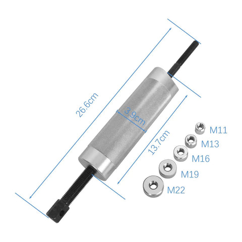 Heavy Duty Piston Pin Puller For Small Engine Rebuilds With Five Metric Adapters, aluminum body with dimensions 26.6 cm by 3.9 cm.