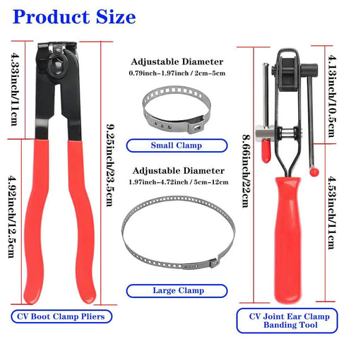Universal CV Boot Clamp Pliers And CV Joint Ear Clamp Tool with sizes and red handles shown