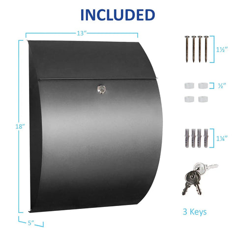 Locking Wall Mount Mailbox For Home, Large 18x13x5, Weatherproof Steel, Secure Lock, Rustproof Letter Box, Modern Black Finish, Rockin Mail Space For Envelopes, Legal Docs, And Small Parcels, Easy Mount
