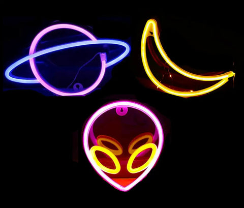 Three Piece Neon Cloud Lightning Planet Signs Kit For Bedroom Wall Decor, LED Neon Lights For Kids Room, glow alien face