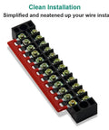 Front view of Dual Row 12 Position Screw Terminal Strip Block With Cover 600V 15A 12 Port Pre Insulated Barrier Strip Black And Red
