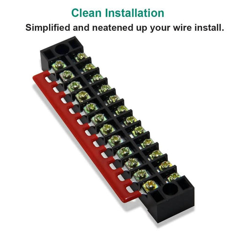 Front view of Dual Row 12 Position Screw Terminal Strip Block With Cover 600V 15A 12 Port Pre Insulated Barrier Strip Black And Red