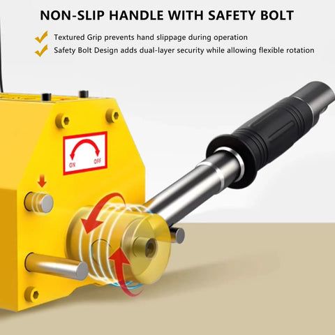 Close-up of Heavy Duty Permanent Magnetic Lifter With Alloy Steel Hook 4400 Lbs showing non-slip handle and safety bolt.
