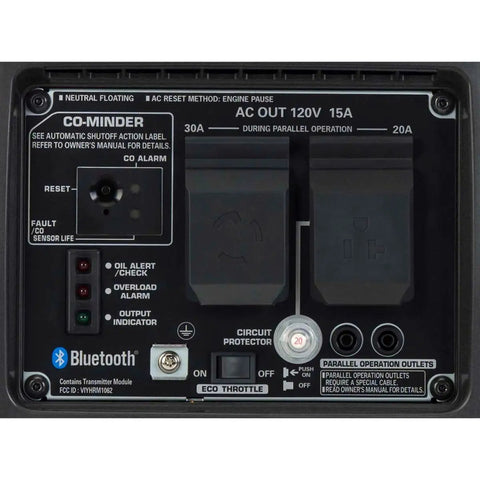 Smooth Operator 2200 Watt Portable Inverter Generator 120 Volt Output Featuring Smart Co Minder Safety Technology control panel with multiple outlets.