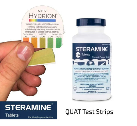 Quat Sanitizer Test Strips Kit With 30 Strips 0 To 400 PPM Range and Steramine Bottle for hygiene checks