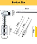 HANTUO 17-piece grease gun kit; front view shows 90° adapter, 12-inch hose, two long needles, zerk fittings, yellow cap