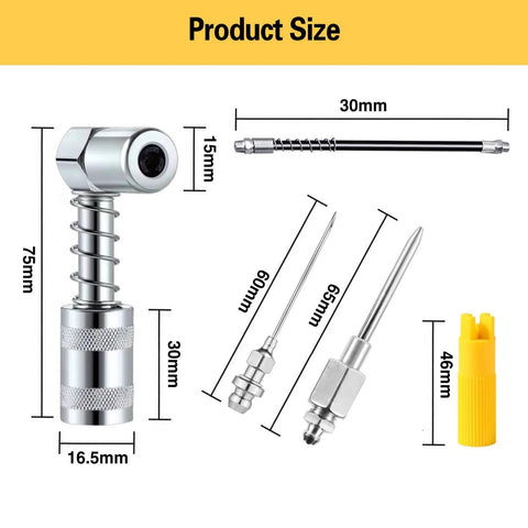 HANTUO 17-piece grease gun kit; front view shows 90° adapter, 12-inch hose, two long needles, zerk fittings, yellow cap