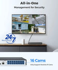 16 Channel PoE NVR For Home Security With Preinstalled 4TB Drive showing security feed on monitor, supports Reolink cameras.