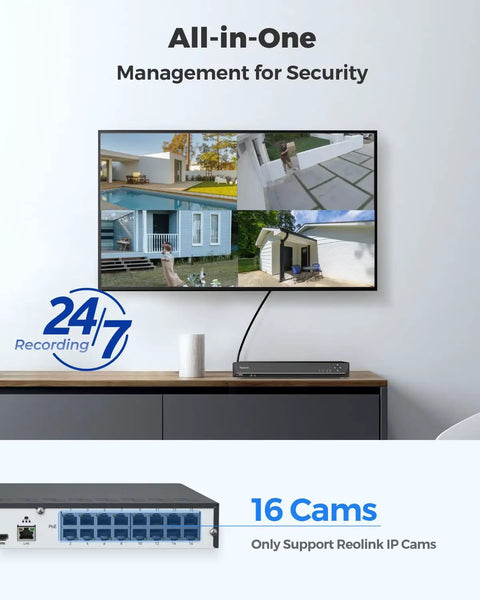 16 Channel PoE NVR For Home Security With Preinstalled 4TB Drive showing security feed on monitor, supports Reolink cameras.