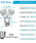 Diagram of PAR20 Halogen Light Bulbs 39W Dimmable 3000K Warm White Flood Lamps, specifications and E26 base detail