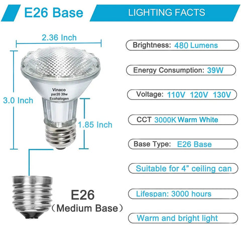 Diagram of PAR20 Halogen Light Bulbs 39W Dimmable 3000K Warm White Flood Lamps, specifications and E26 base detail