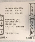 Label showing connections and specifications for Heavy Duty 15Kw Ev Charging Pile Module 200 To 455V Range 34A Dc Power Supply.