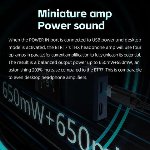 Bluetooth 5.4 USB DAC Amp With LDAC And AptX Lossless, Dual ES9069Q DACs, showing side view with USB power connection