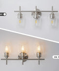 Slick 3 Light Modern Bathroom Vanity Light Fixtures Over Mirror With Clear Glass Shade Nickel Brushed Finish On Off View