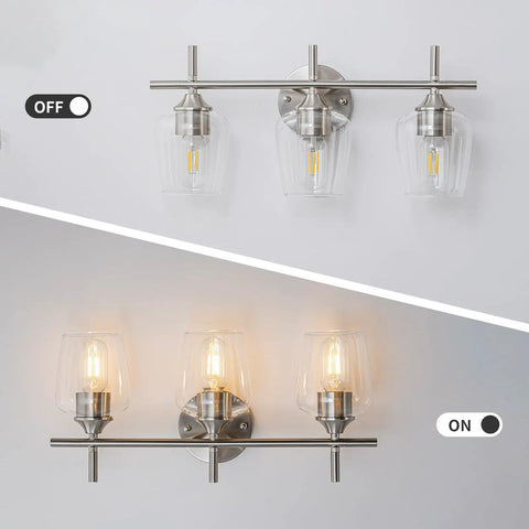 Slick 3 Light Modern Bathroom Vanity Light Fixtures Over Mirror With Clear Glass Shade Nickel Brushed Finish On Off View