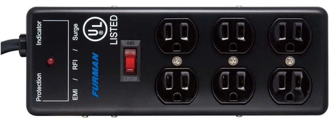 Top view of Beefy 6 Outlet Power Conditioner With 15 Foot Cord Black Studio Grade Surge Protector Delivers EMI RFI Noise Attenuation
