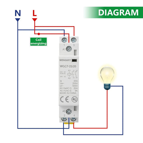 Top Shelf 25A Ac Dc Contactor 2 Pole Whispy Silent Din Rail Mount Magnetic Power Switch wiring diagram for HVAC and EV systems.