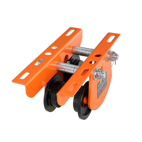1 Ton Push Beam Trolley for Electric Hoist with Dual Wheels, Adjustable Beam Width 2.68 to 4.33 In for I and H Beams, orange side view