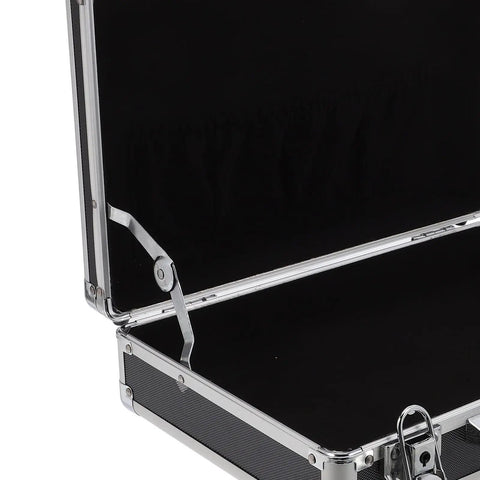 Hella Sturdy Aluminum Alloy Tool Storage Case With Reinforced Carry Handle And Lockable Portable Gear Box Organizer For Auto Mechanics And Hardcore Diy Crews, opened view showing black interior.