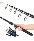 Hand holding 6.9 Foot Telescopic Fishing Rod And Reel Combo With Pliers And Lip Gripper, All In One Starter Kit in blue.