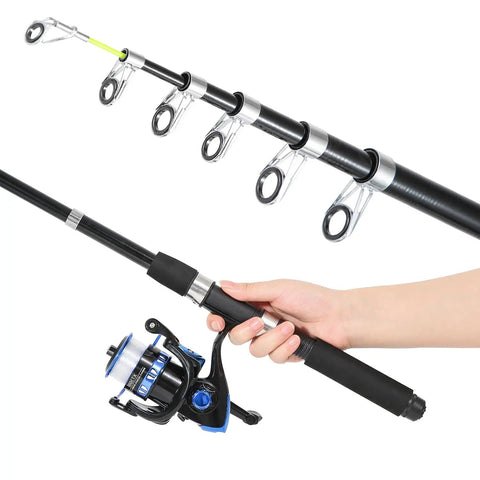 Hand holding 6.9 Foot Telescopic Fishing Rod And Reel Combo With Pliers And Lip Gripper, All In One Starter Kit in blue.