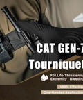 CAT Gen-7 tourniquet mounted on MOLLE strap of car IFAK pouch; black glove visible.
