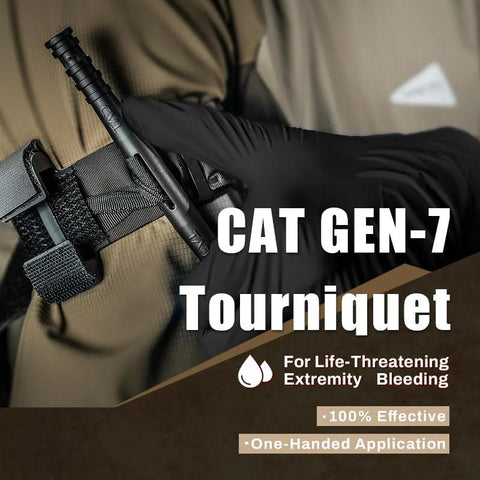 CAT Gen-7 tourniquet mounted on MOLLE strap of car IFAK pouch; black glove visible.