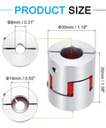 Front view of MECCANIXITY aluminum shaft coupling, 8–14 mm bore, 35 mm length, 30 mm diameter; silver with red spider insert