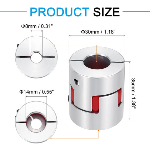 Front view of MECCANIXITY aluminum shaft coupling, 8–14 mm bore, 35 mm length, 30 mm diameter; silver with red spider insert
