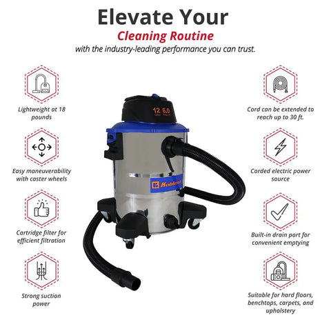 Beast Mode Wet And Dry Vacuum Cleaner With 12 Gallon Stainless Steel Tank 6 Peak HP Motor Lightweight And Ultra Portable Built In Blower Tackles Dry And Wet Messes Includes Accessories Blue featuring multiple icons highlighting features