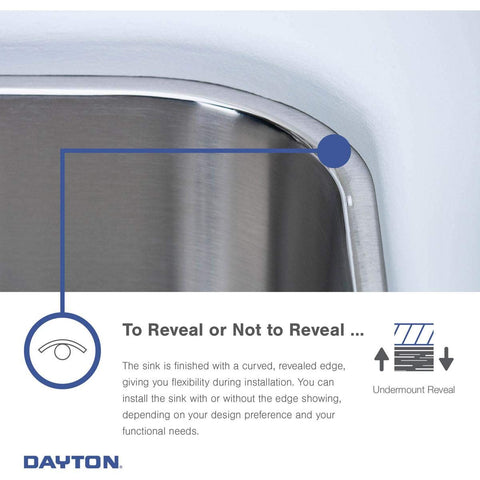 Corner detail of Dayton DXUH2118 Single Bowl Undermount Stainless Steel Kitchen Sink For 27 Inch Cabinets, showing seamless look.