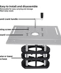 Pro Grade Router Lift And Aluminum Table Insert Plate with hand crank, fixing screws, and adjustable base for smooth routing.